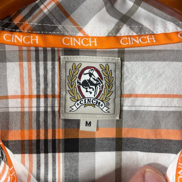 Cinch Button Down Western Shirt Men's Medium Orange/Black/White Plaid Cowboy - Picture 5 of 10